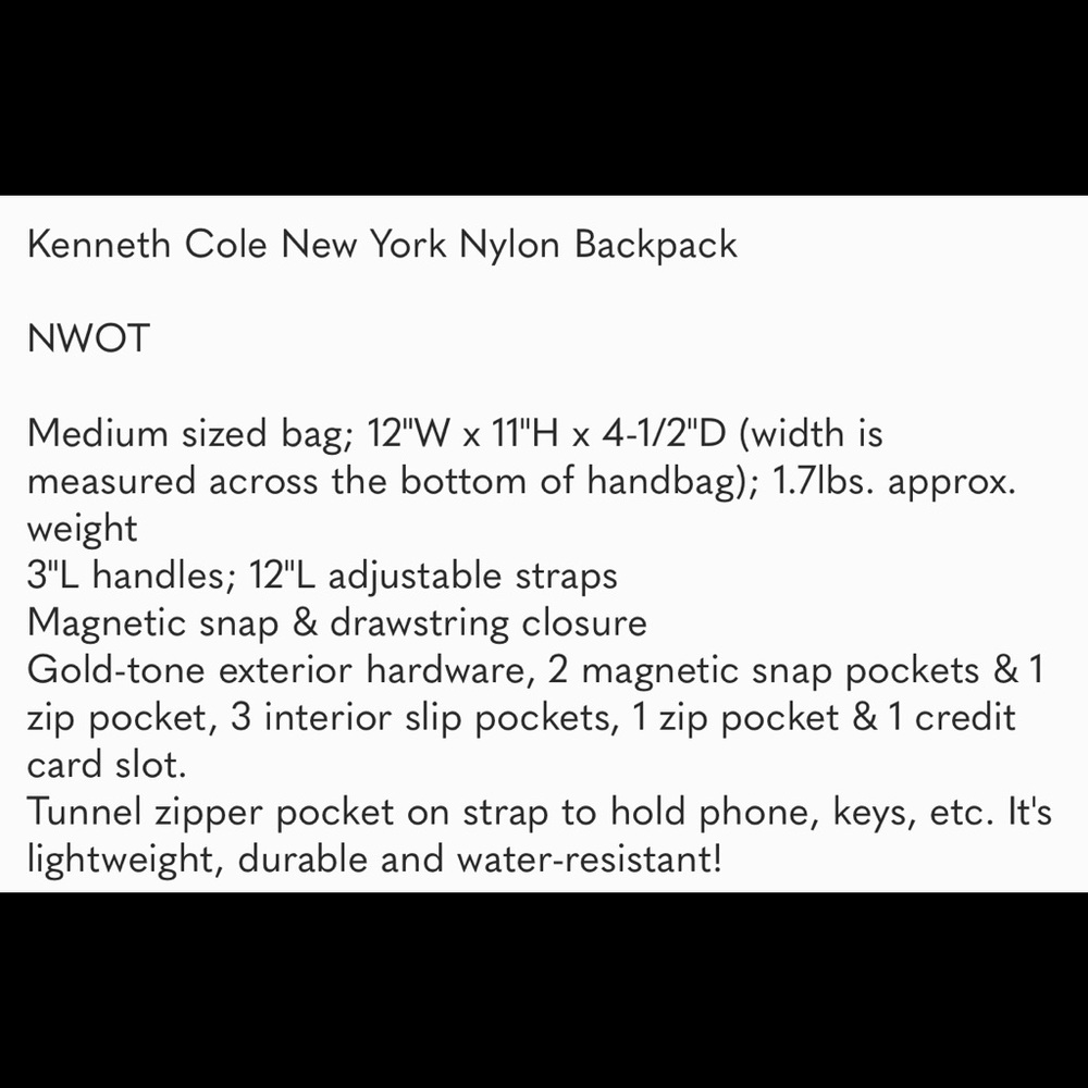 Kenneth Cole Nylon Water Resistant Backpack NWOT - Picture 4 of 4